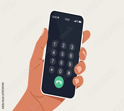 Illustration of a hand holding a smartphone with a dial pad on the screen, ready to make a call, , showcasing modern communication