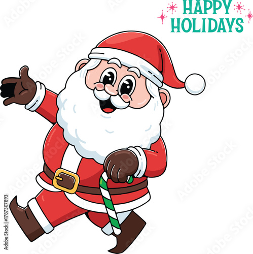 santa claus with a bag,Cheerful cartoon illustration of Santa Claus waving and carrying a red gift bag. Perfect for Christmas cards, holiday decorations, festive designs, and winter-themed projects.
