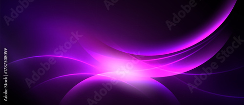 Abstract purple design features flowing curves, bright central glow. Dark background emphasizes luminous shapes, creating dynamic visual effect.