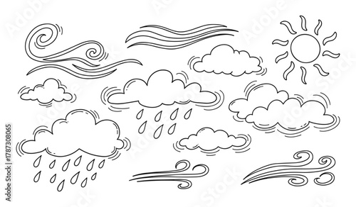 Hand drawn black and white weather elements including sun clouds rain and wind vector