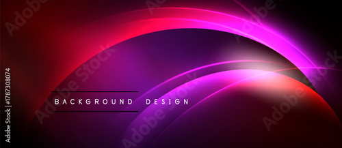 Abstract vibrant design. Smooth curves, purple, pink hues dominate dark background. Modern aesthetic, dynamic composition.