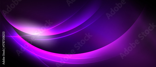 Abstract purple waves radiate from bright center. Smooth gradients create dynamic, flowing visual effect. Dark background emphasizes luminosity.