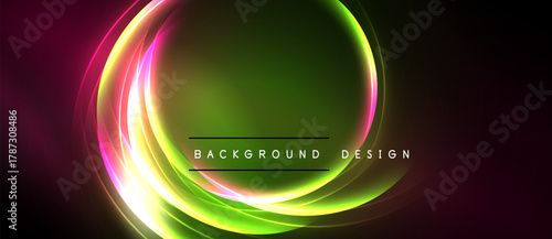 Bright neon circles overlap, creating vibrant green, pink, yellow glow. Dark background emphasizes luminous design elements. Simple text reads background design.
