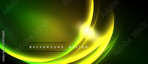 Bright green, yellow abstract waves. Dynamic light effects create modern design. Smooth gradients, elegant curves, dark background.