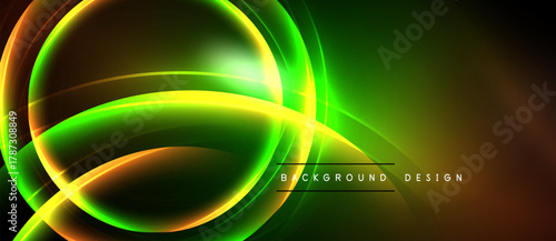 Bright neon lines form abstract shapes. Green dominates with orange accents. Dark background enhances glowing effect. Modern design element.