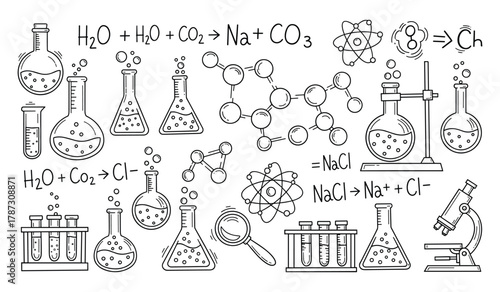 Hand drawn science chemistry laboratory equipment and chemical formulas with molecules and atoms beaker
