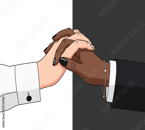 Illustration of two hands of different races holding each other in unity and support, symbolizing diversity, equality, and antiracism on a split background