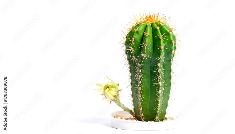 Naklejka premium Elegant Cactus with Delicate Flower on White Background.