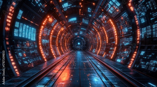 Futuristic tunnel with glowing orange/blue panels