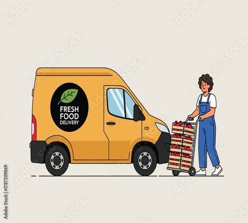 Illustration of a delivery woman is transporting fresh food in a yellow van, ensuring prompt and reliable service for customers who value quality and convenience
