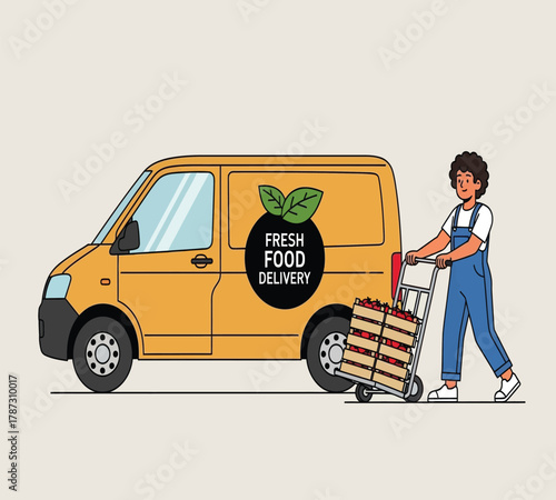 Illustration of a delivery woman is transporting fresh food in a yellow van, ensuring prompt and reliable service for customers who value quality and convenience