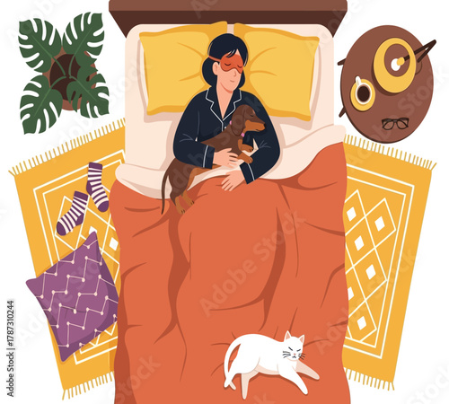 Illustration of a woman is sleeping soundly in her bed with her dog, enjoying a peaceful nights rest and dreaming sweet dreams in a cozy and comfortable setting