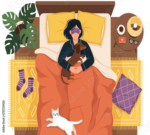 Illustration of a woman is sleeping soundly in her bed with her dog, enjoying a peaceful nights rest and dreaming sweet dreams in a cozy and comfortable setting