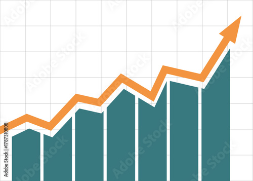 Orange Business Arrow Rising Strongly Up with Green Bar Chart on Grid Background Representing Profit, Growth, and Economic Optimism