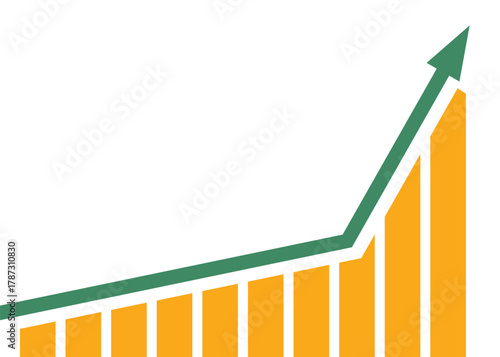 Green Business Arrow Moving Strongly Up with Yellow Bar Chart, Neatly Intersected by the Arrow Trail, Representing Profit, Growth, and Economic Optimism