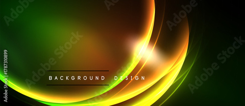 Bright abstract waves, vibrant colors blend. Green transitions to orange, yellow highlights design elements. Smooth curves create dynamic visual effect.