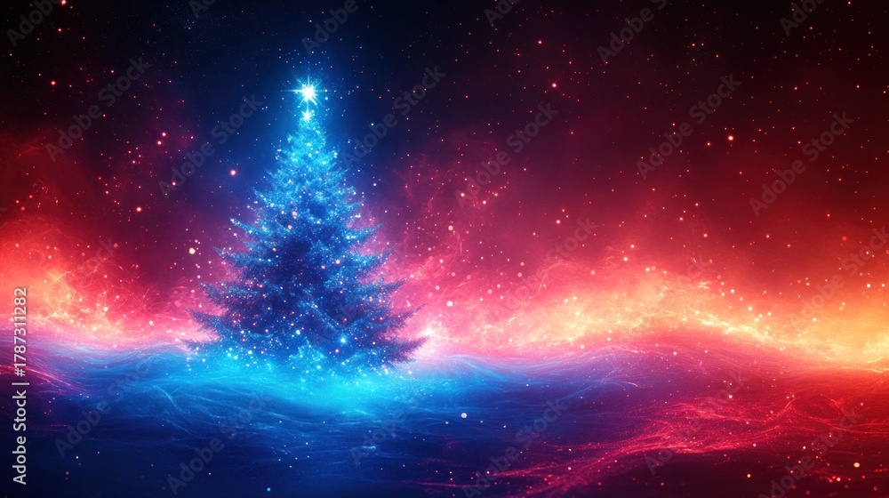 Naklejka premium Glowing Christmas tree in vibrant nebula