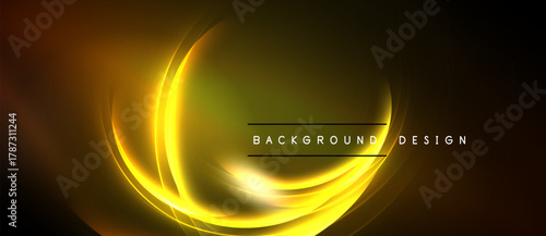 Abstract golden light curves form dynamic background. Dark shades create contrast, elegant design element.