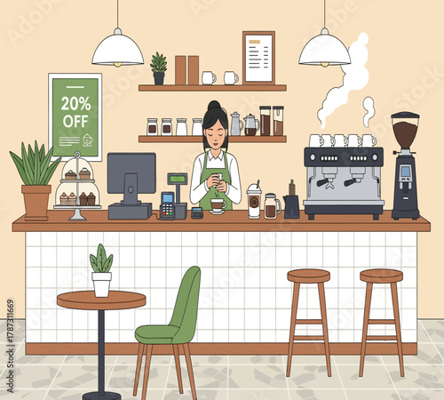 Illustration of a cozy coffee shop scene with a barista serving coffee, pastries, and a warm atmosphere, creating a welcoming space for customers to enjoy their drinks