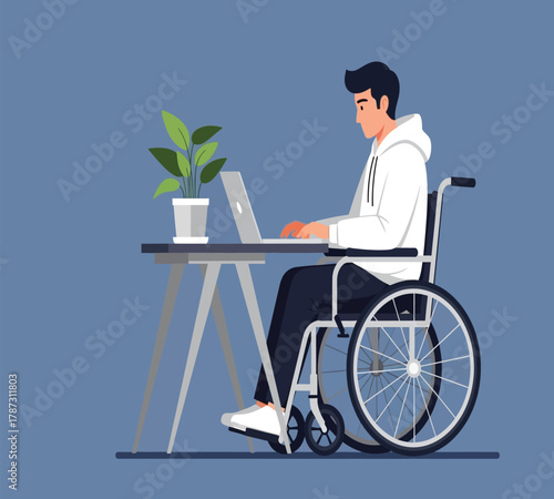 Illustration of a man in a wheelchair working on a laptop at a desk, promoting inclusivity and accessibility