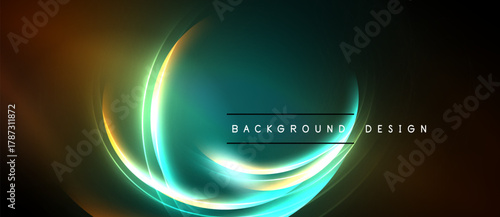 Abstract design features glowing curves, vibrant colors. Dark background emphasizes bright light effects, creating dynamic visual impact.