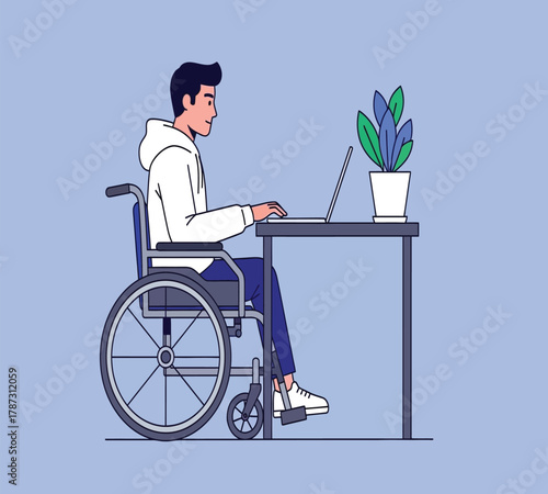 Illustration of a man in a wheelchair working on a laptop at a desk, promoting inclusivity and accessibility