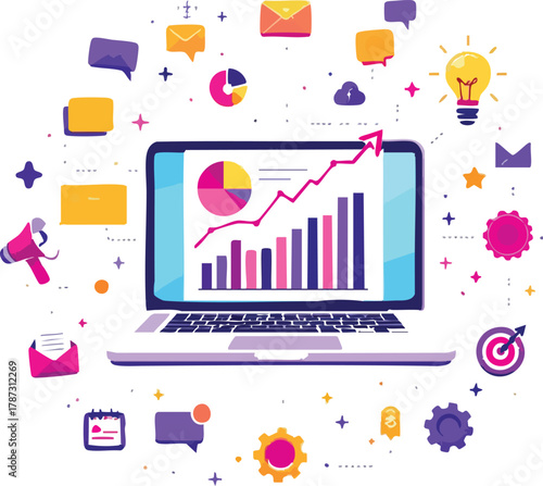 Laptop with data analytics dashboard and surrounding business icons for growth, strategy, and communication