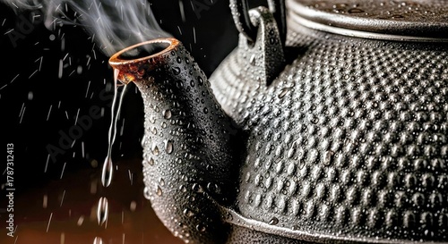 Teapot Steam Water Droplets Cast Iron Kettle Textured High Detail Photo