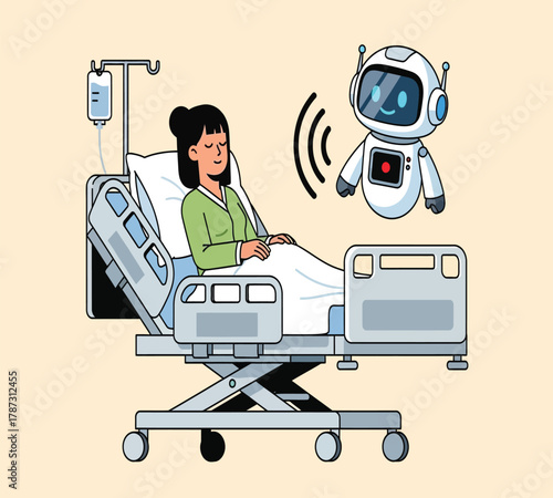 Illustration of a patient is lying in a hospital bed while a robot is talking to her, providing assistance and companionship during her recovery process