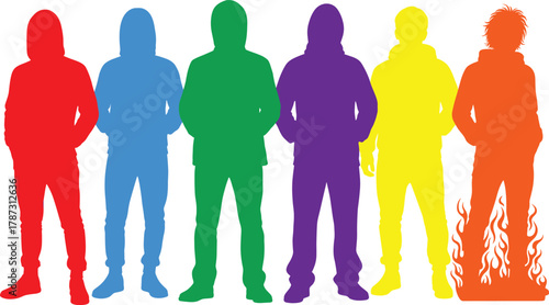 Six colorful human silhouettes in hooded clothing with symbolic flame effect, character identity concept, cad drawing flat vector illustration