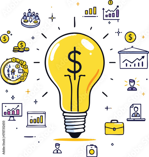 Financial idea and business strategy concept with yellow light bulb, dollar sign, and surrounding icons
