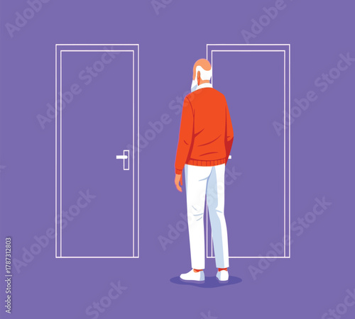 Illustration of a person stands before two open doors, contemplating which path to choose, symbolizing decisionmaking and the uncertainty of future outcomes