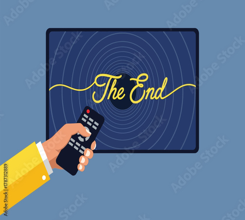 Illustration of a hand holds a remote control in front of a television screen displaying the end, signifying the conclusion of a movie or show