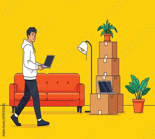 Illustration of a man carrying a laptop walks past a couch and boxes in a new home, symbolizing moving, relocation, and the start of a new chapter in life, with a bright yellow background
