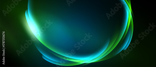 Abstract flowing lines, vibrant green, blue hues. Smooth gradients create dynamic visual effect. Dark background emphasizes luminosity.