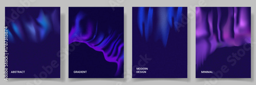 Set of covers design templates with vibrant Northern Lights or Aurora Borealis, gradient background . Dark blue and purple gradient bg with smooth fluid waves and soft blur texture. Posters, Banners 