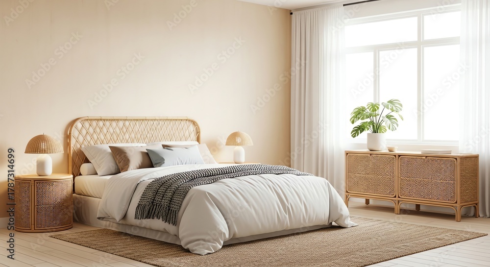 Fototapeta premium Bedroom interior with rattan furniture and natural light