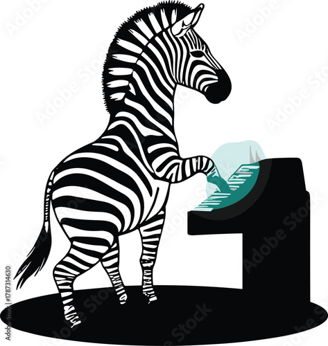 Stylized zebra playing piano on hind legs with teal keys, whimsical animal musician concept, cad drawing flat vector illustration
