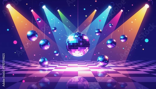 Vibrant disco party background with a glamour mirror ball and bright stage light © Suparto