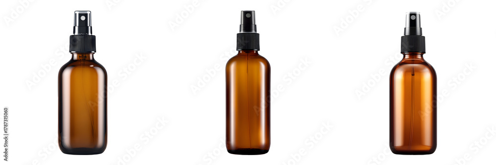 Obraz premium Set of amber spray bottles with black pumps, isolated on transparent background