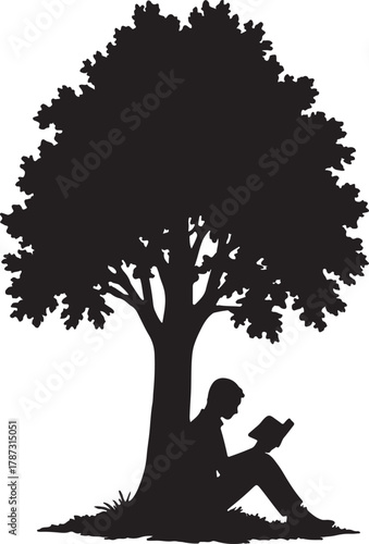 A person reading a book under the shade of a large tree silhouette vector
