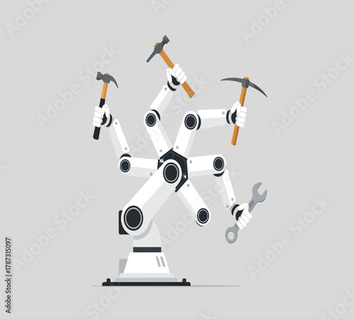 Illustration of a robotic arm with multiple tools, including hammers and a wrench, showcasing automation and efficiency in manufacturing