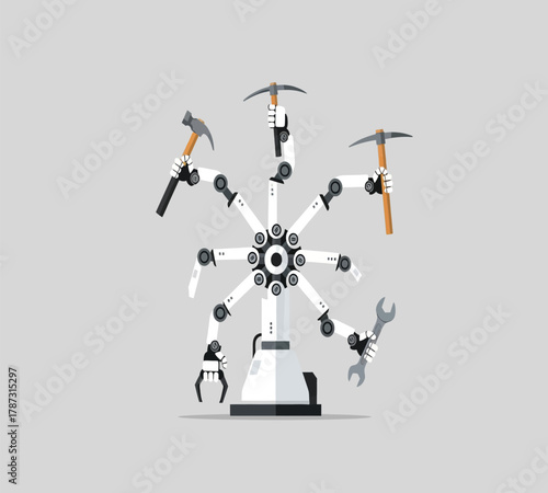 Illustration of a robotic arm with multiple tools, including hammers and a wrench, showcasing automation and efficiency in manufacturing