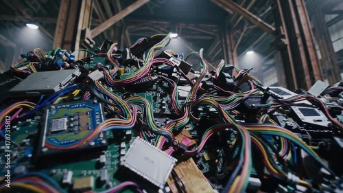 Explore a massive pile of electronic waste in an industrial warehouse during evening hours