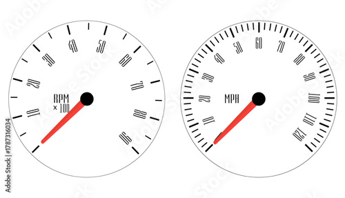 Engine and speed gauges with clean segmented scales. High-contrast black-on-white design for clear readability.