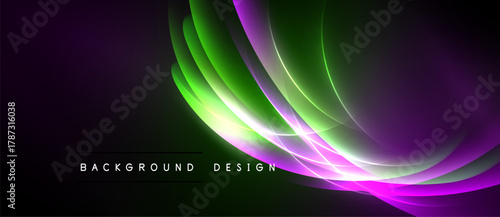 Abstract flowing lines, vibrant purple, green hues. Dynamic light effects create modern background design. Smooth gradients, elegant curves.