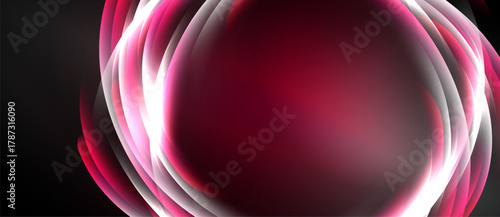 Abstract design features swirling pink, white light against dark background. Smooth curves create dynamic visual impact.