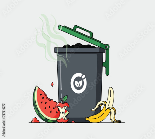 Illustration of a compost bin overflowing with organic waste like watermelon, apple core, and banana peel, promoting ecofriendly practices and waste reduction