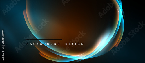 Abstract design features flowing curves, vibrant colors. Dark background emphasizes bright orange, blue gradients. Modern aesthetic.