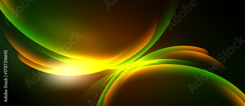 Abstract design features flowing shapes, vibrant green, yellow, brown hues. Light radiates from central point creating dynamic effect.